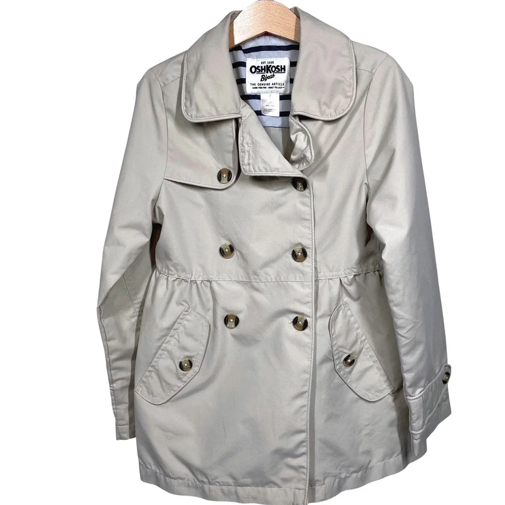OshKosh Bgosh Girls Khaki Double Breasted Peplum Trench Coat Jacket Size 7